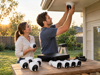 12 Channel 2TB DVR Security System and 8 Wired 2K, Golden morning light, dew-covered backyard