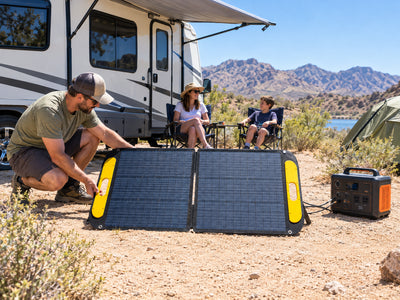 VS110 Portable Solar Panel 110W,19V Foldable Solar Panel, Bright summer midday, open desert campsite