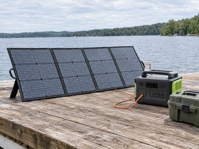220W Portable Solar Panel 40V Folding Solar Panel, Overcast high summer afternoon, lakeside dock, nobody present