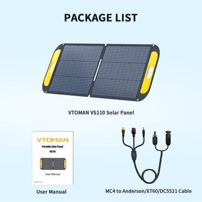 VS110 Portable Solar Panel 110W,19V Foldable Solar Panel with 23% High Efficiency,Ip67 Waterproof & Adjustable Kickstands for Home, Camping, RV, Outdoor Adventures