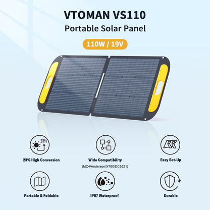 VS110 Portable Solar Panel 110W,19V Foldable Solar Panel with 23% High Efficiency,Ip67 Waterproof & Adjustable Kickstands for Home, Camping, RV, Outdoor Adventures